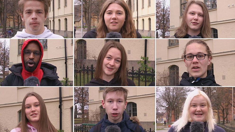 Nio olika bilder på elever som tittar in i kameran.