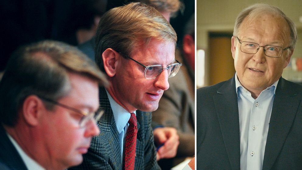 Moderaterna med dåvarande ordförande Carl Bildt (t.h.) och den ekonomiska talesmannen Bo Lundgren samt Göran Persson.