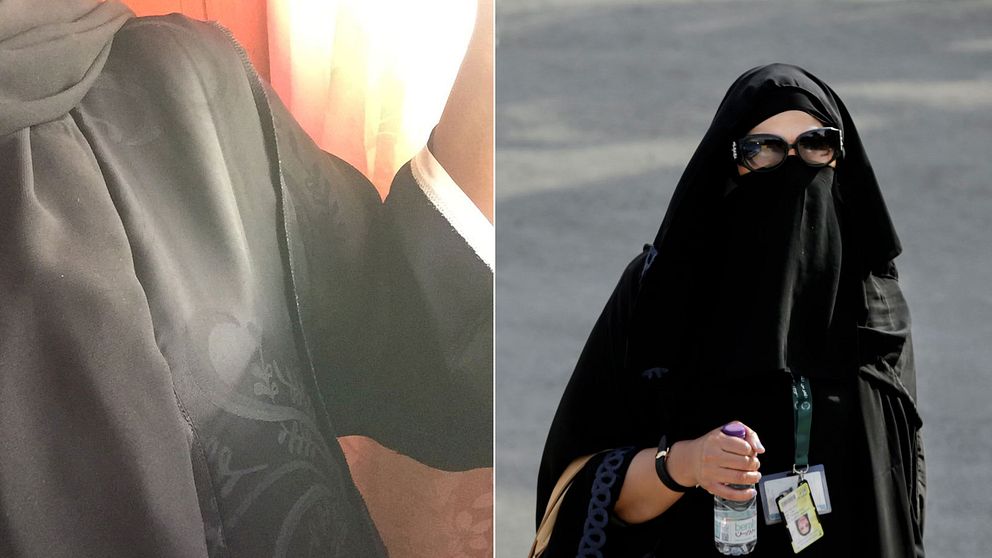 En in och utvänd abaya och en kvinna i abaya.