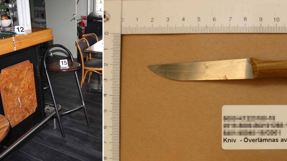Bilder från förundersökningsprotokollet. En barstol på pizzerian och en kniv.