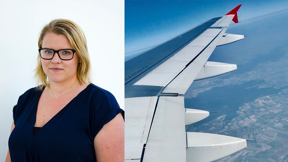 Karolin Kühn i svarta glasögonbågar, axellångt blont hår och marinblå topp. Till höger i bild, en flygplansvinge uppe i skyn.