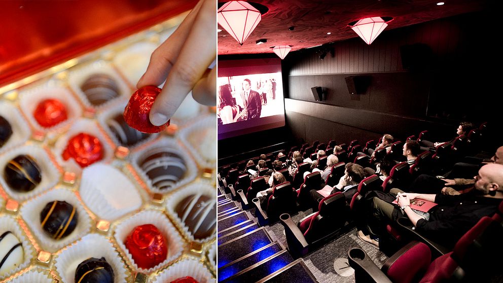 Chokladpraliner i en chokladask och beskare i en salong på biografen Rigoletto i Stockholm
