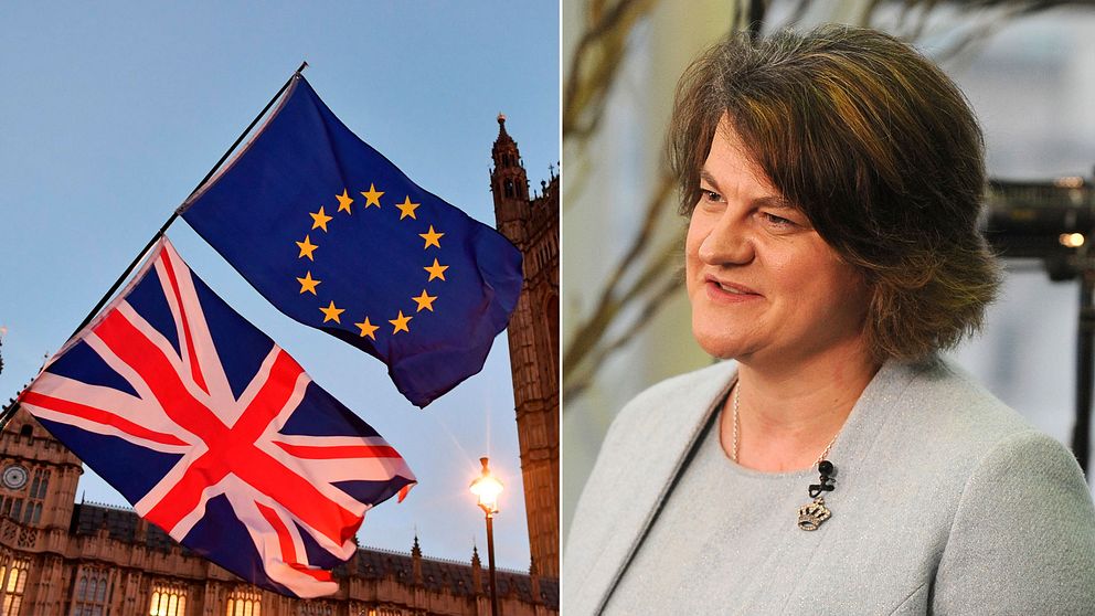 Brittisk flagga och EU-flagga framför parlamentsbyggnaden i London och DUP-ledaren Arlene Foster