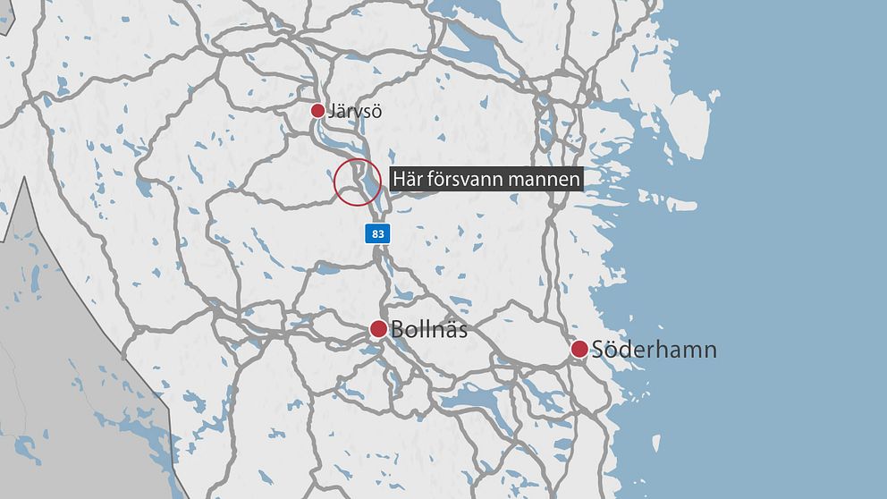 En karta över delar av Gävleborg där området mannen försvann är inringat med en röd cirkel.