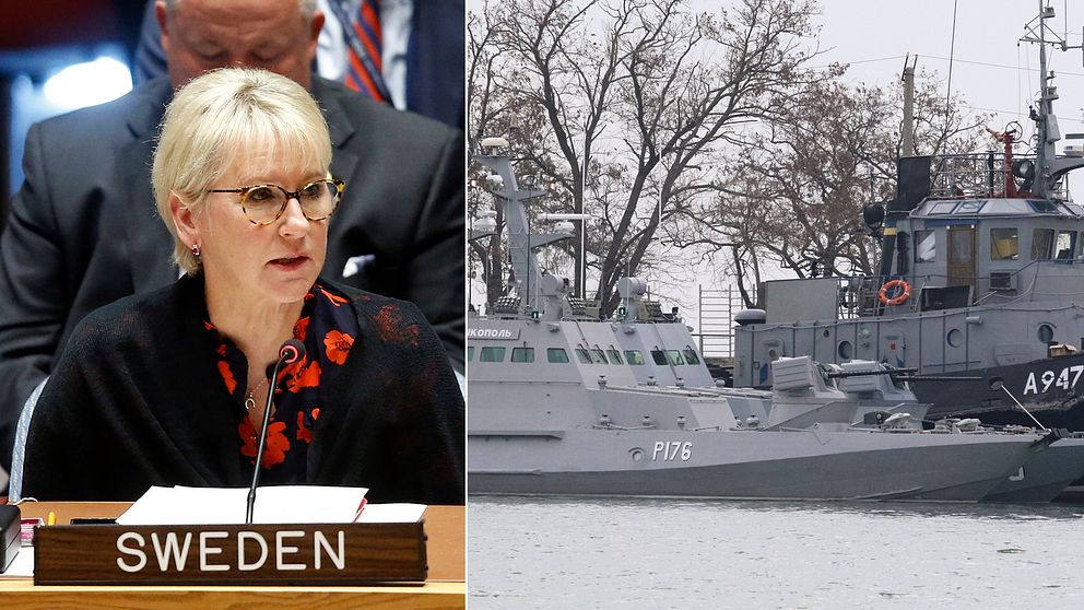 ”Ryssland måste upphöra med sitt provokativa uppträdande”, skriver utrikesministern Margot Wallström på Twitter. Till höger de ukrainska fartygen i hamnen Kertj på måndagsmorgonen.