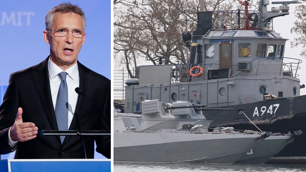 Jens Stoltenberg. Ryskt militärfartyg kränger ett ukrainskt militärfartyg.