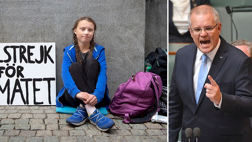 På bilden syns Greta Thunberg, 15, och Australiens premiärminister Scott Morrison.