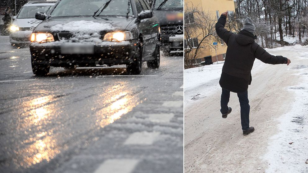 Bil på hal gata och en person som halkar på snöig gata