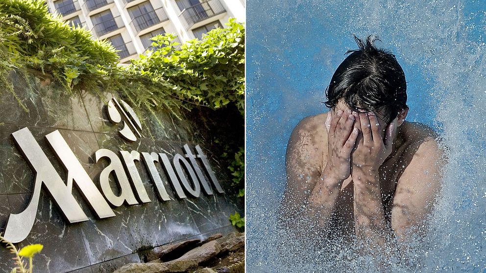 En skylt på Marriott och en man i en pool