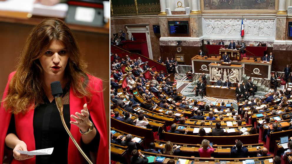 En bild på franska jämställdhetsministern Marlene Schiappa vid en talarstol, och den franska nationalförsamlingen.