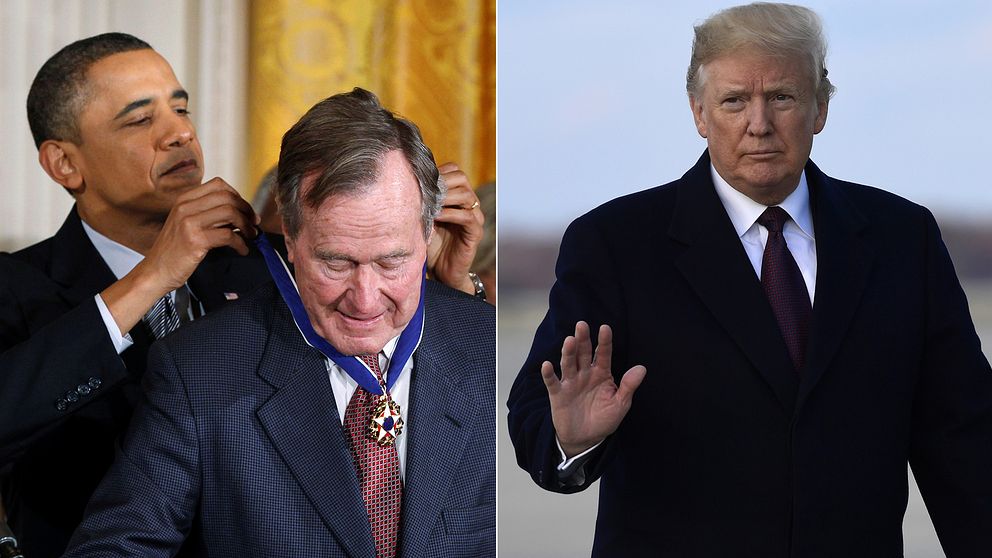 George H W Bush hyllas nu av presidentkollegorna Obama och Trump. Obama tilldelade Bush den äldre Frihetsmedaljen 2011.
