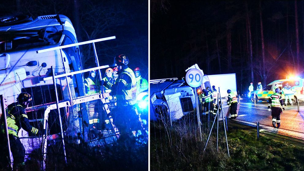 Räddningstjänst på plats på E22, utanför Bromölla, där olyckan inträffade natten mot tisdag