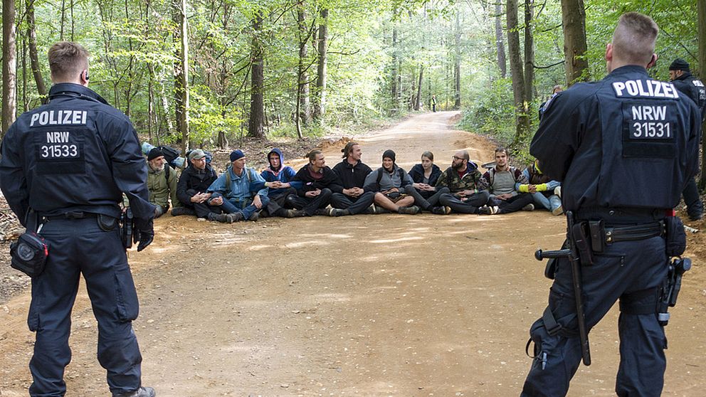 Polier och aktivister i en skog i Tyskland.