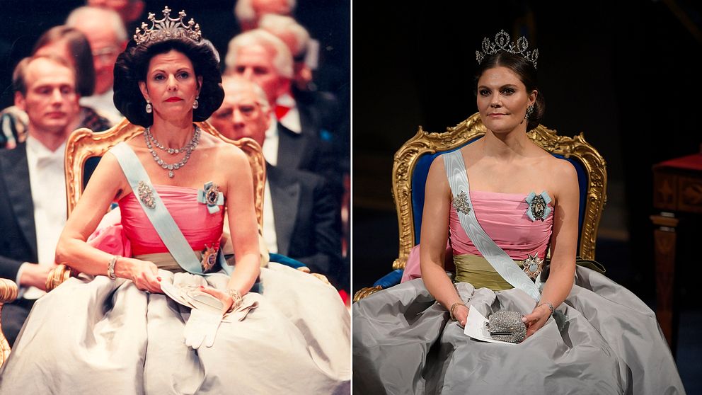Drottning Silvia 1995 och kronprinsessan Victoria 2018 i samma klänning.