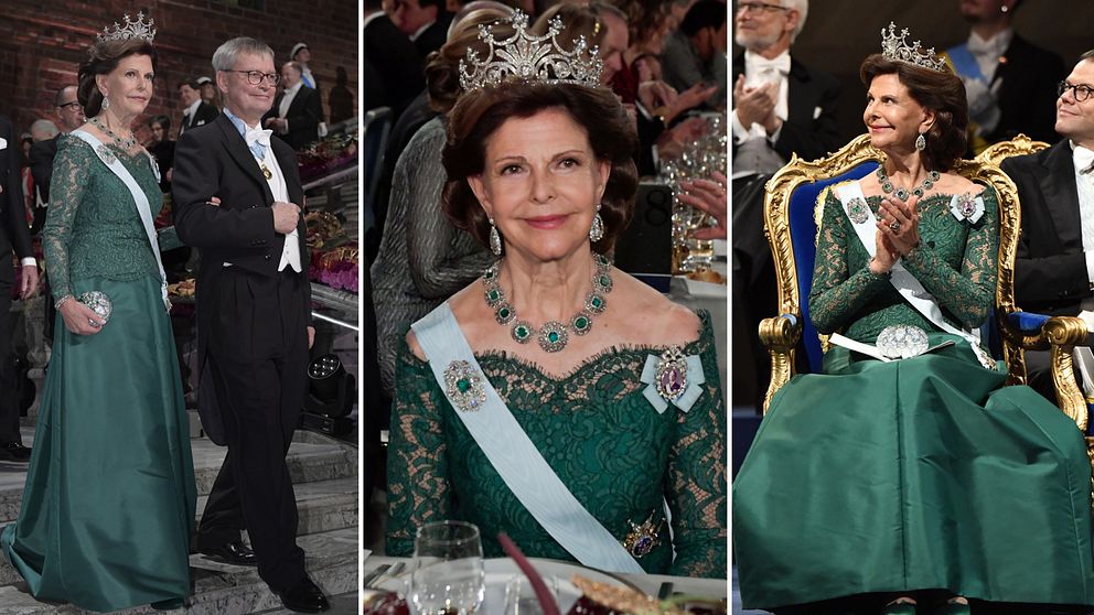 Drottning Silvia valde smaragdgrönt med överdel i spets.