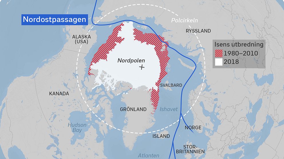 Grafik som visar Nordostpassagen genom Arktis och issmälning. Källa Bremens universitet, Tyskland.