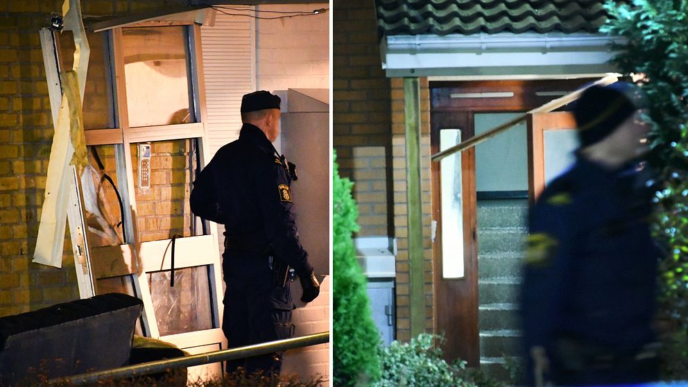 Polisen på plats vid de två explosioner som ägde rum på två olika adresser i Malmö, inom loppet av några timmar under söndagskvällen och natten mot måndag.