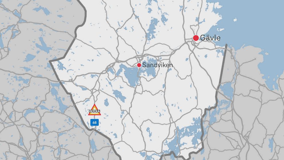 En karta över delar av Gävleborg där olycksplatsen är markerad med en symbol för en olycka.