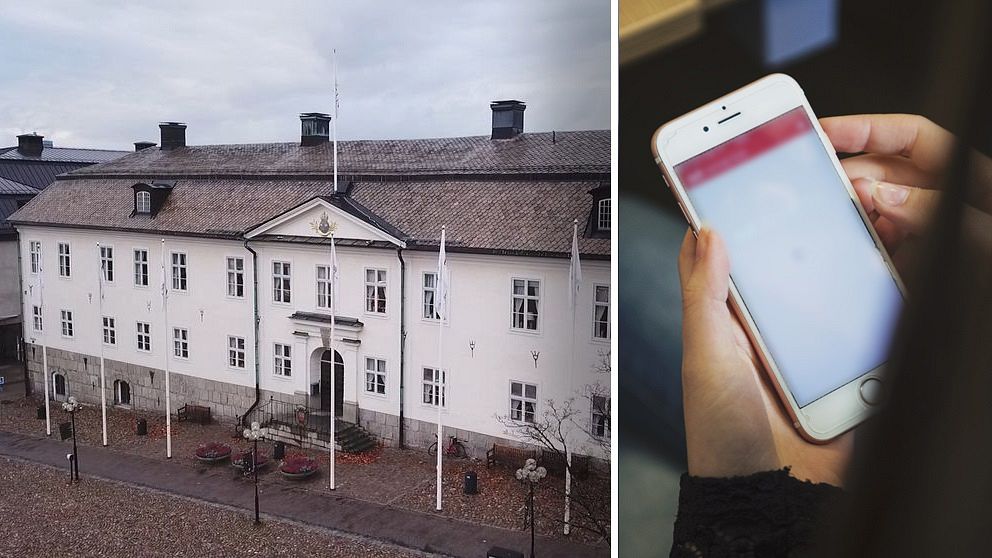 vy över kommunhuset i Falun, samt närbild på händer som håller mobiltelefon