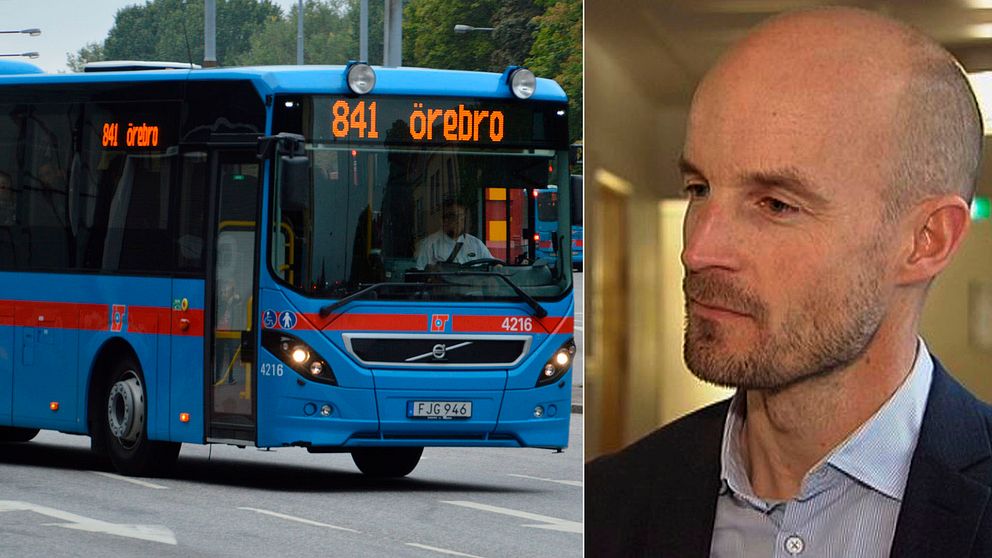 Till vänster en bild på en buss där det står Örebro. Till höger en bild på Fredrik Eliasson, chef för kollektivtrafiken.