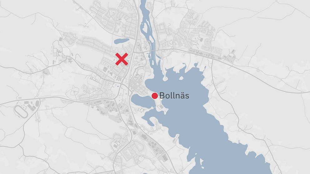 En karta över Bollnäs där ett rött kryss markerar platsen där mannen hittades.