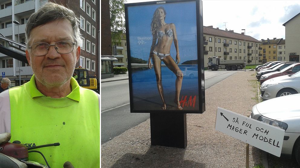 En asfaltsläggare i Halmstad tröttnade på bilder på stan med magra modeller och gjorde idag sin egna lilla protest.