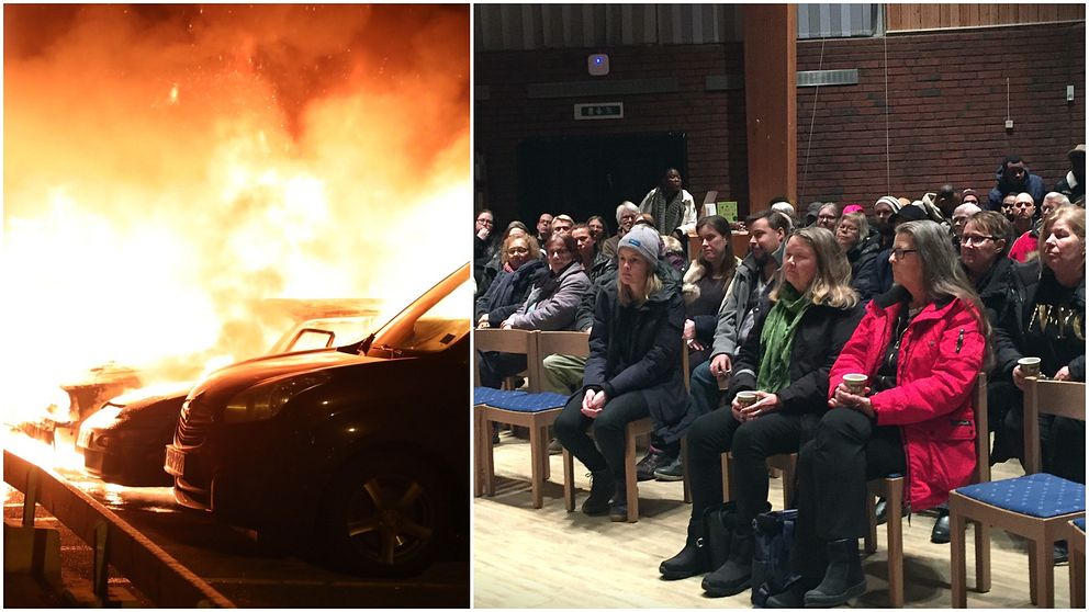 bild på brinnande bilar, samt personer sittande i samlingslokal