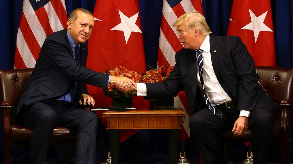 Turkiske presidenten Recep Tayyip Erdogan skakar hand inför ett möte 2017.