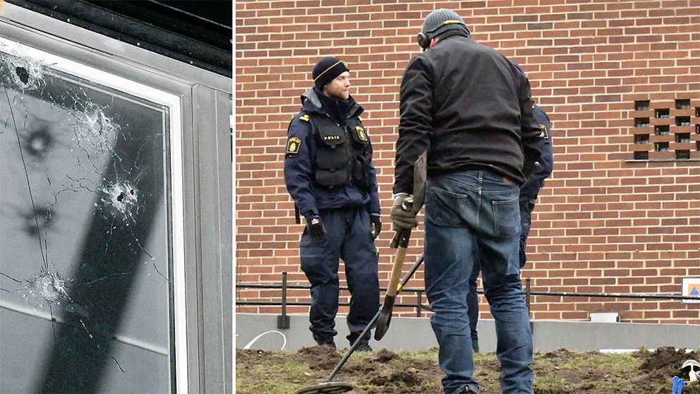 Fönster med skotthål samt polis