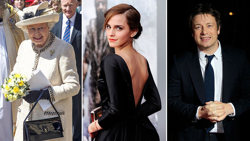 Drottning Elizabeth II, Emma Watson och Jamie Oliver finns på listan över Storbritanniens rikaste.