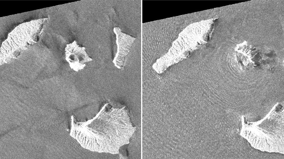 Vulkanen Anak Krakatoa syns i mitten av bilderna, den till vänster är tagen i augusti och den till höger på julafton.