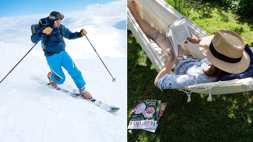 En man som åker skidor och en kvinna som läser en bok i en hängmatta.