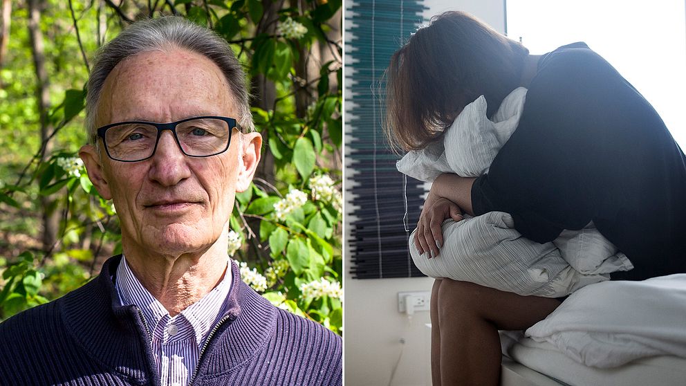 Töres Theorell, professor på Stressforskningsinstitutet, och en kvinna på en säng som kramar kuddar