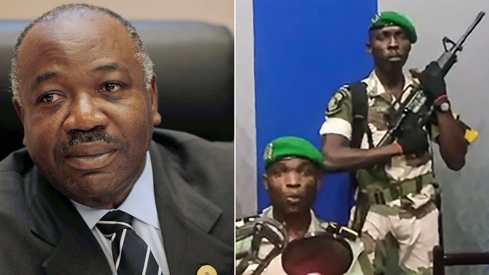 Gabons president Ali Bongo och soldater i den statliga radio-stationens studio.