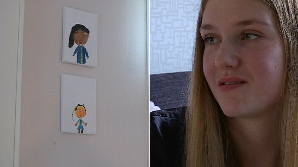 En bild på en ung kvinna och på två bilder på barn som Araya ritat själv.