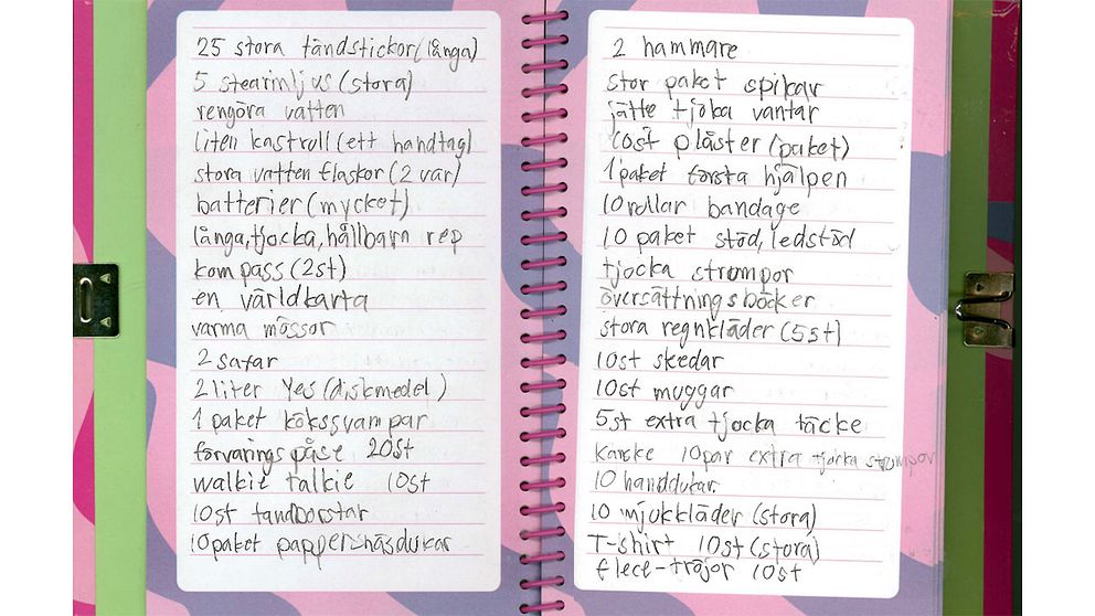 Tinas dagbok rymmer en lista över saker hon och syskonen ska ta med sig vid en rymning.