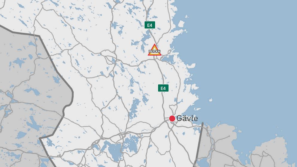 En karta över delar av Gävleborg där Gävle, E4:an och olycksplatsen finns utplacerad
