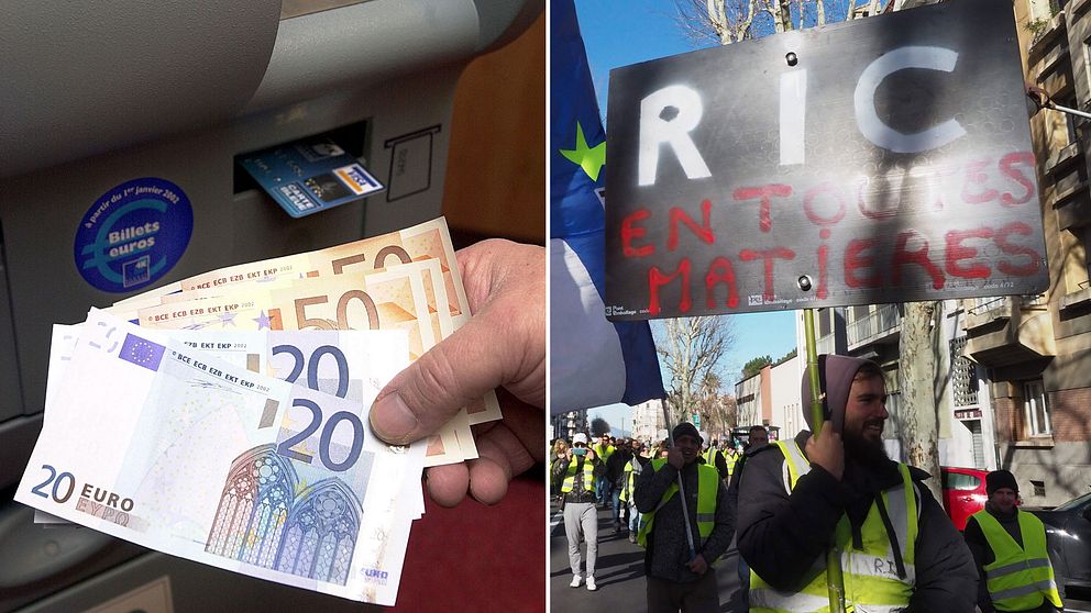 Eurosedlar i en bankomat och demonstranter vid ett tidigare tillfälle i sydfranska Perpignan