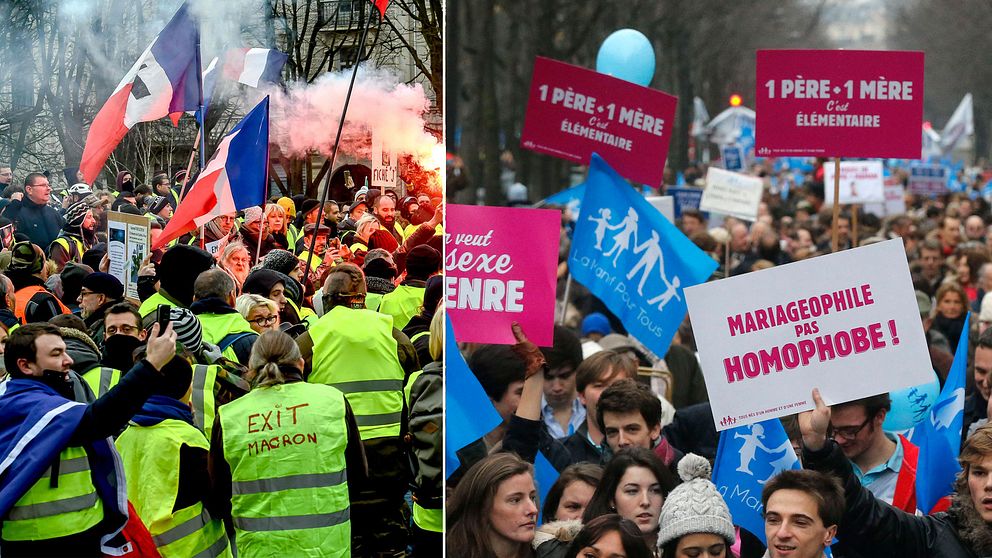 Gula västar i Paris och demonstranter i Manif pour tous 2013