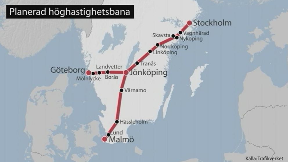 karta över höghastighetsbanan från Stockholm till Jönköping där den delar sig mot Göteborg respektive Malmö