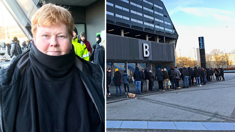 Ann-Marie Hansson står i kö för att köpa biljetter på Malmö Nya Stadion.