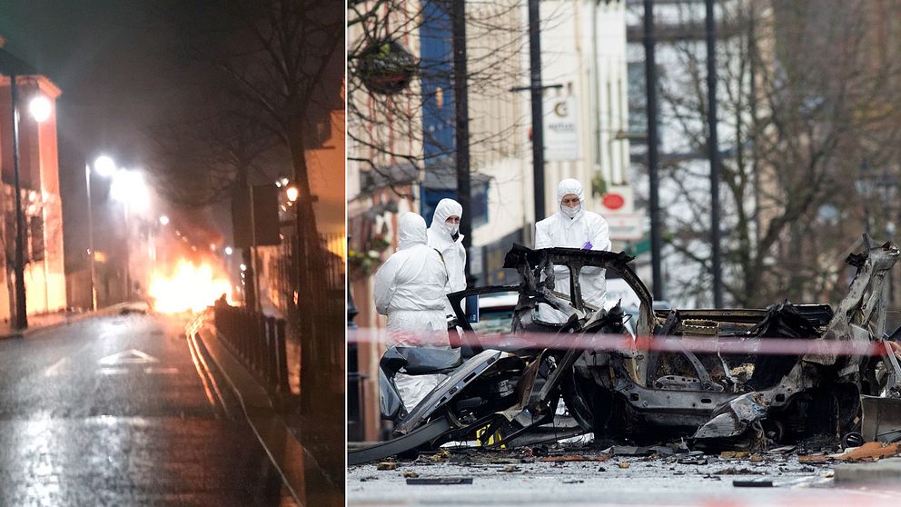 Till vänster bilexplosionen på en bild som lämnats ut från polisen. Till höger polisens tekniker som undersöker bilen under söndagen.