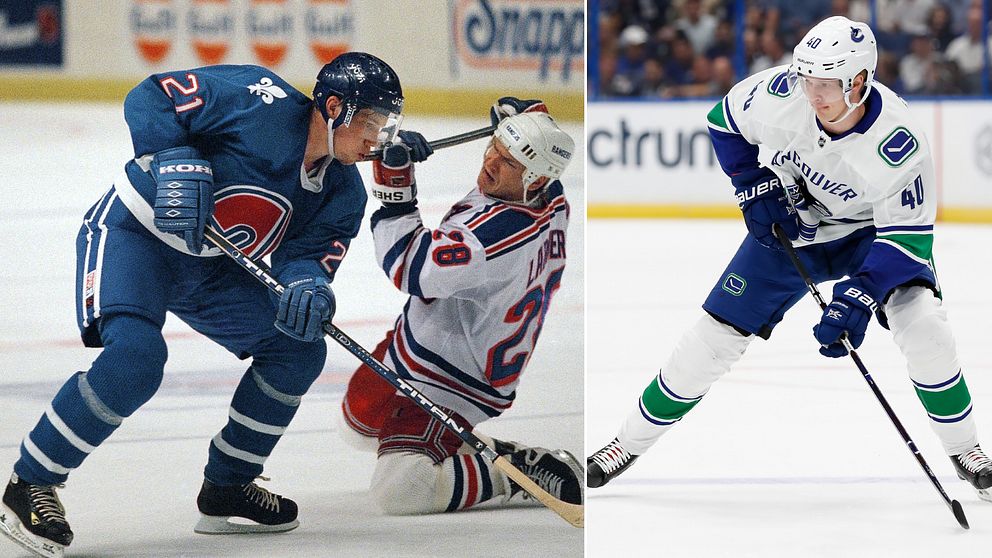 Peter Forsberg i en match 1995 och Elias Pettersson 2018