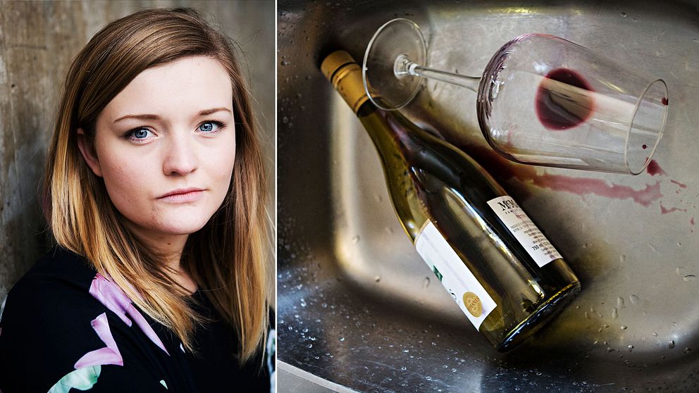 Isabelle Benfalk, 23, förbundsordförande för Ungdomens nykterhetsförbund samt en urdrucken vinflaska och vinglas som ligger i diskho
