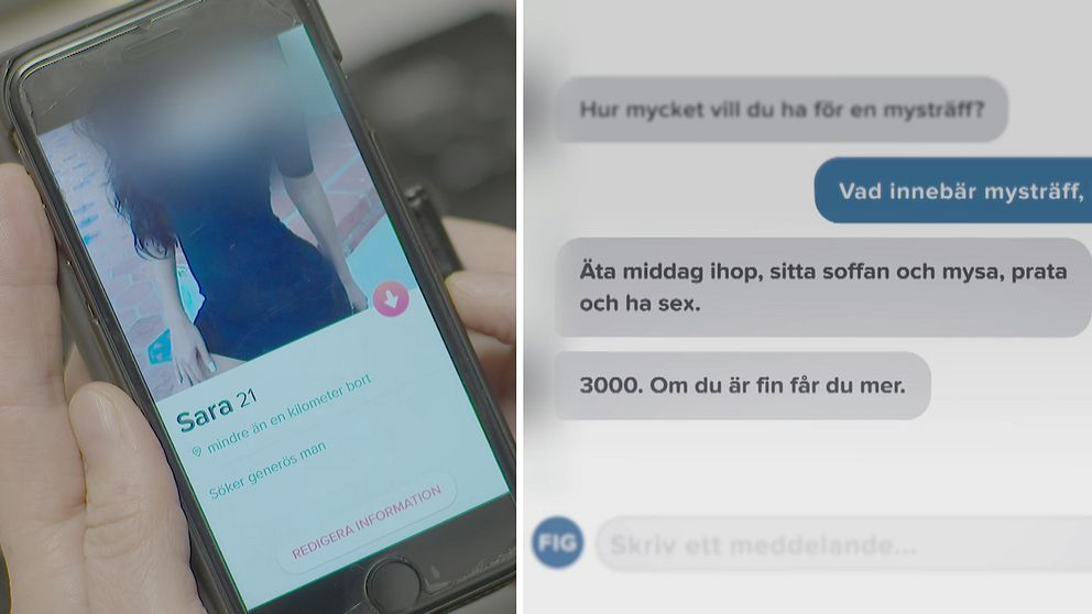 SVT:s fejkprofil på Tinder som erbjuder människor att köpa sex samt en nätkonversation med en person som visar intresse för att köpa sex.