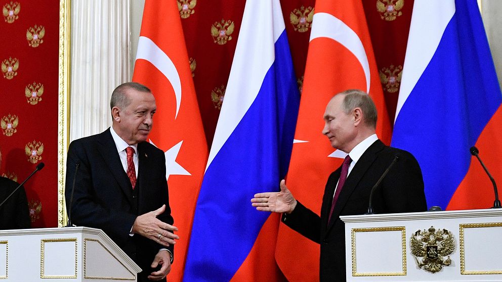 Turkiets president Recep Tayyip Erdogan och Rysslands president Vladimir Putin under deras gemensamma presskonferens på onsdagen.