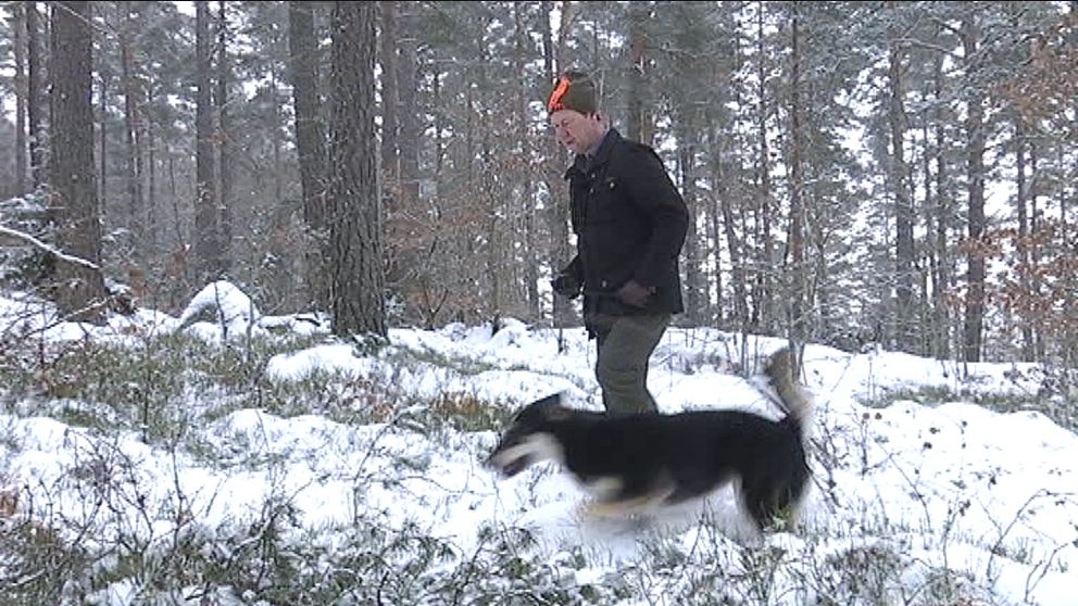 Man och hund i snötäckt skog