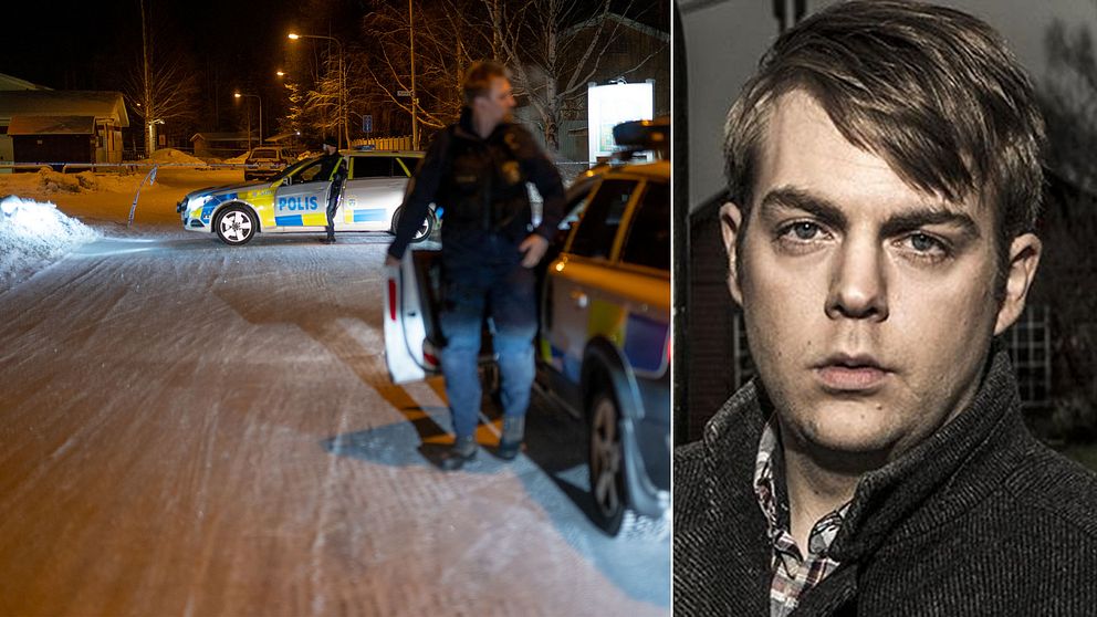 Ett kollage med en bild på polisbilar och avspärrningar samt en bild på kriminologen Christoffer Carlsson.