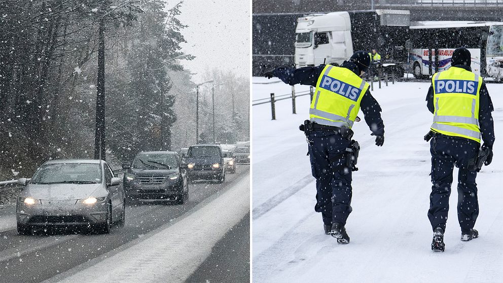 Bilar på hal väg och poliser vid trafikolycka