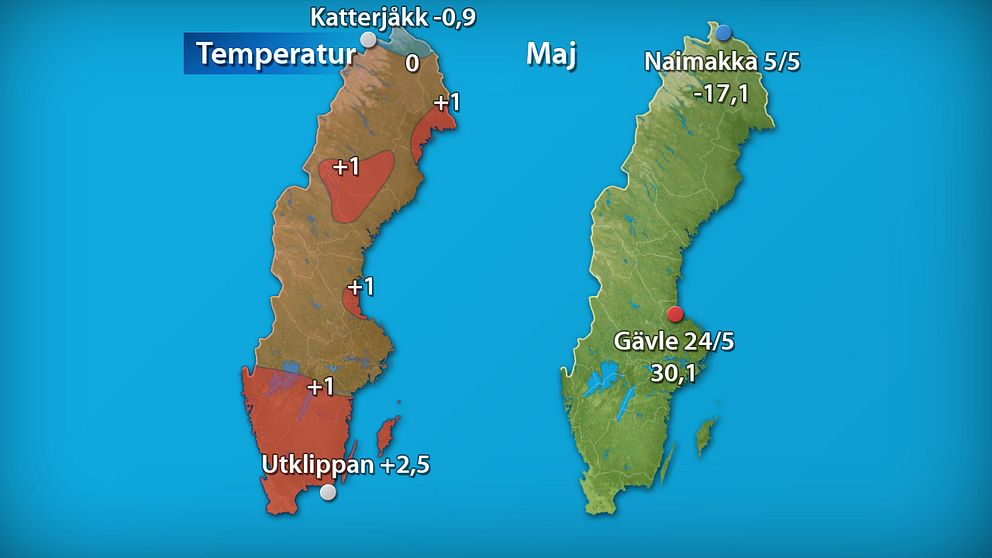 Till vänster månadens medeltemperatur jämfört med referensperioden 1961-1990 (och de stationer som fick störst/minst över/underskott). Till höger månadens högsta och lägsta temperatur.